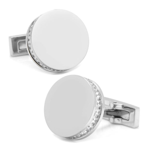 Stainless Steel White Pave Crystal Round Cufflinks