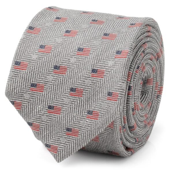 CC-USFLG-LG-TR Light Gray Herringbone American Flag Men's Tie