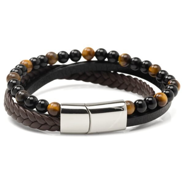 OB-DNL298-BR Stainless Steel Stacked Brown Leather Bracelet with Tigers Eye