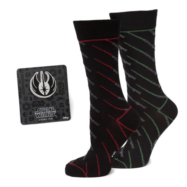 SW-JLSB-GS Star Wars Green and Red LIGHTSABER Pattern Black Dress Socks with Jedi Crest Lapel Pin Gift Set