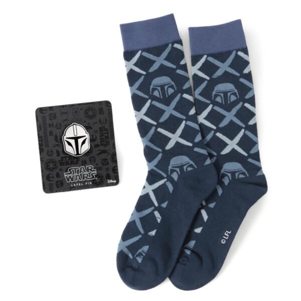 SW-MDHN-GS Star Wars Mandalorian Navy Checkered Dress Socks and Lapel Pin Gift Set
