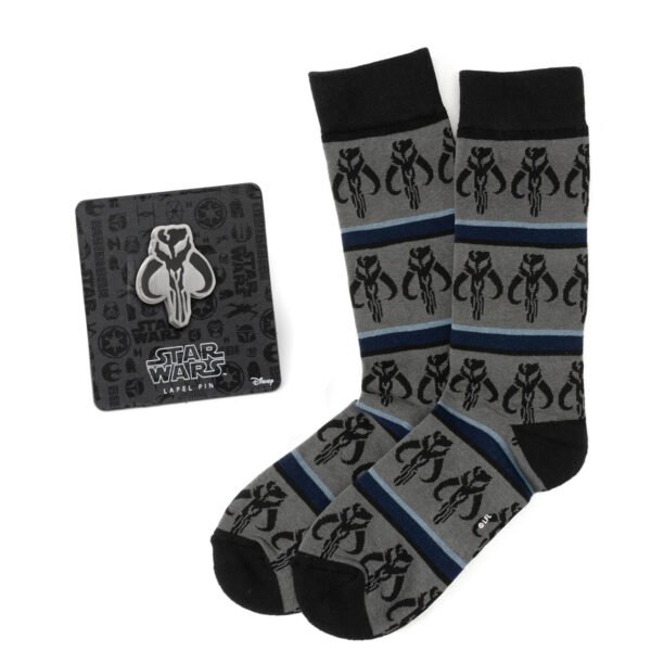 SW-MDMYS-GS Star Wars Mandalorian Mythosaur Striped Dress Socks and Lapel Pin Gift Set