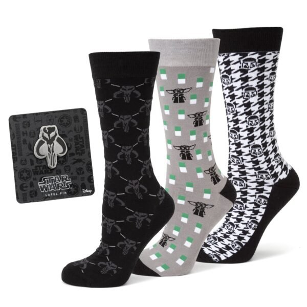 SW-MGYBK-GS Star Wars Mandalorian Dress Socks 3-Pack and Mythosaur Lapel Pin Gift Set