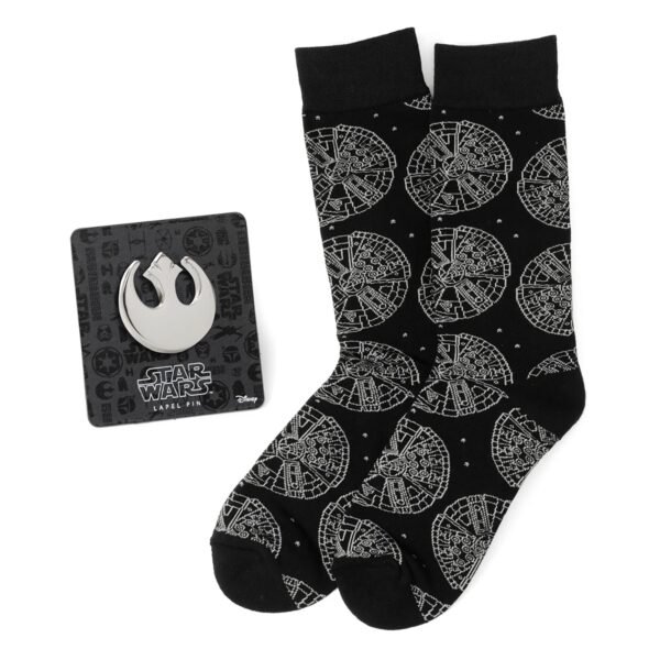 SW-REBA-GS Star Wars Millennium Falcon Black Dress Socks and Lapel Pin Gift Set